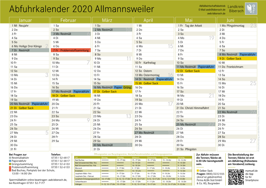 Abfuhrkalender 2020 Allmannsweiler