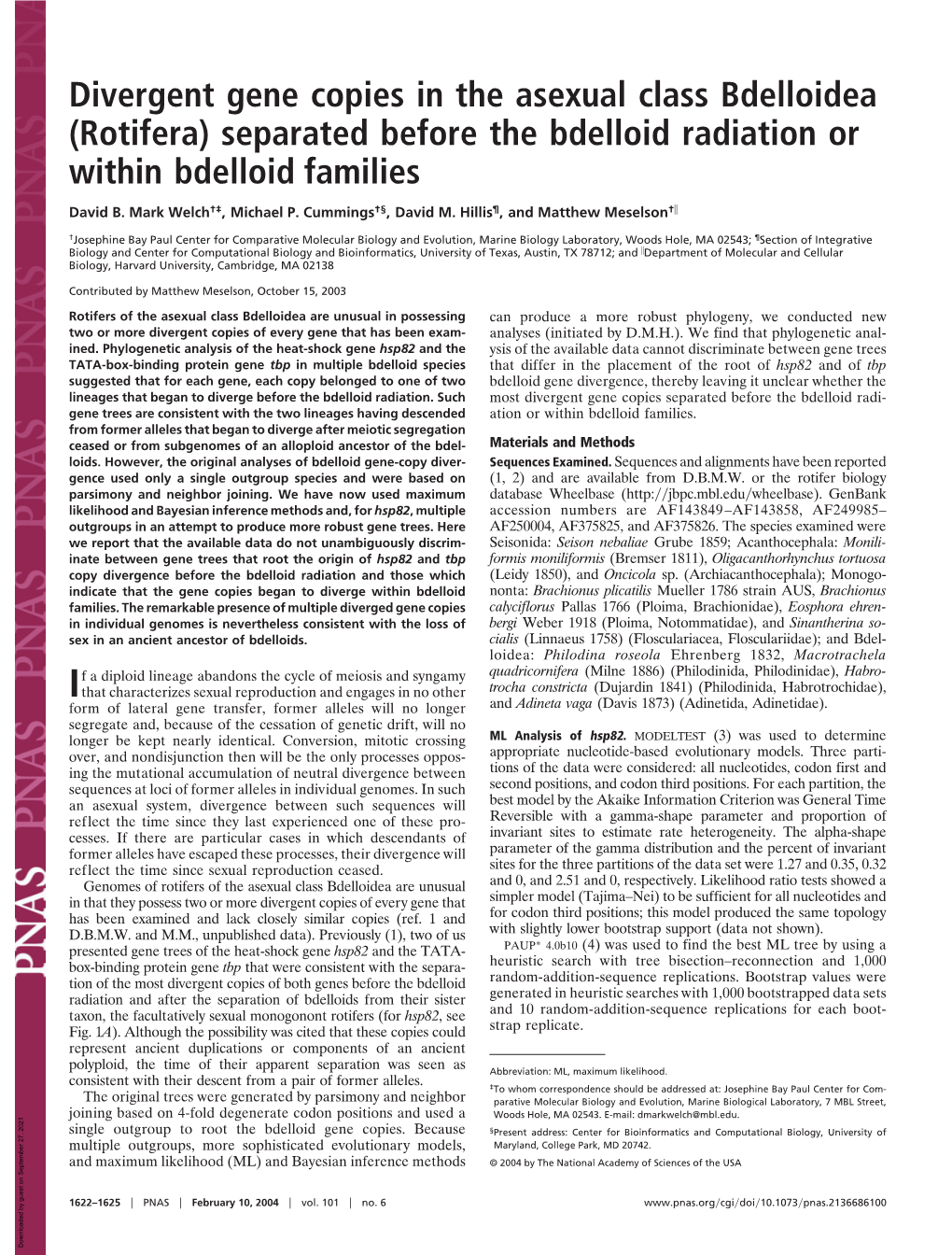 Divergent Gene Copies in the Asexual Class Bdelloidea (Rotifera) Separated Before the Bdelloid Radiation Or Within Bdelloid Families