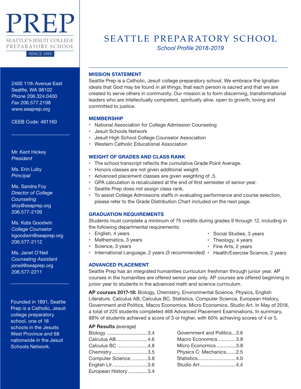 SEATTLE PREPARATORY SCHOOL School Profile 2018-2019