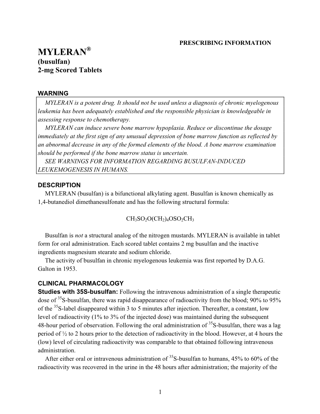 MYLERAN® (Busulfan) 2-Mg Scored Tablets