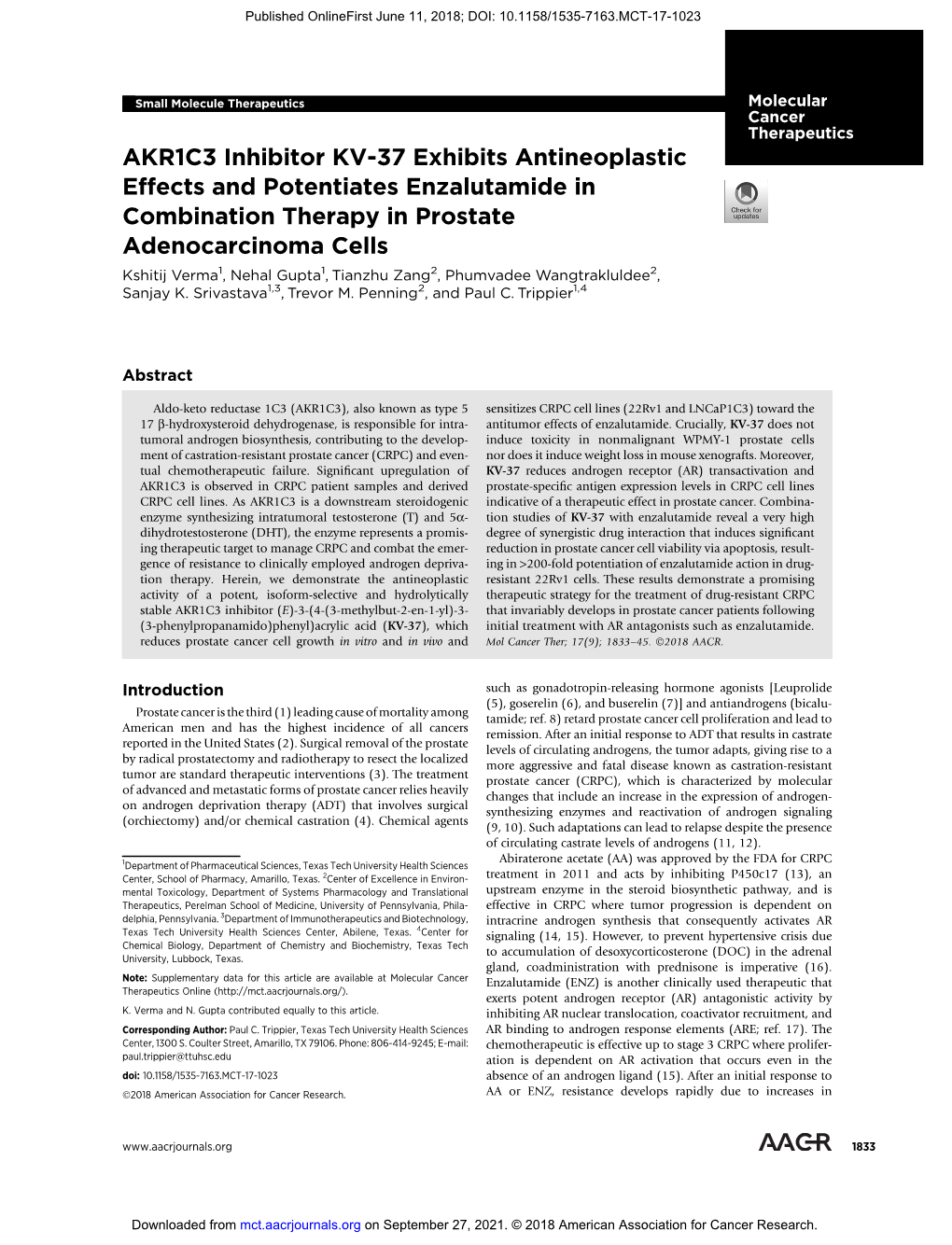 AKR1C3 Inhibitor KV-37 Exhibits Antineoplastic Effects And