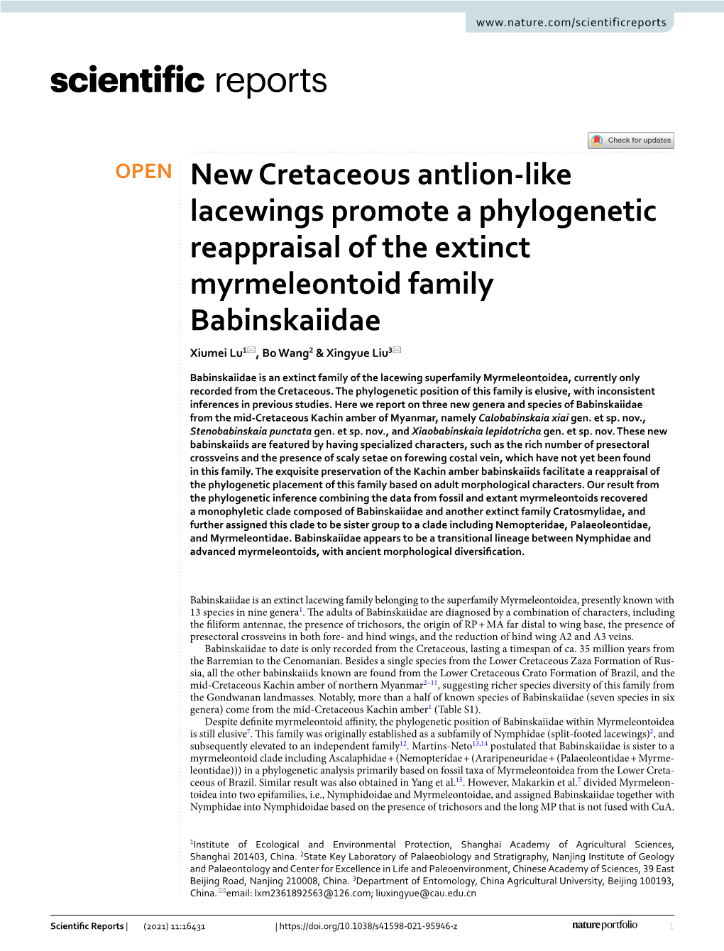 New Cretaceous Antlion-Like Lacewings Promote a Phylogenetic Reappraisal of the Extinct Myrmeleontoid Family Babinskaiidae