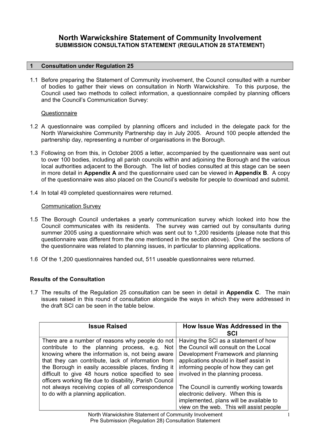 North Warwickshire Statement of Community Involvement SUBMISSION CONSULTATION STATEMENT (REGULATION 28 STATEMENT)