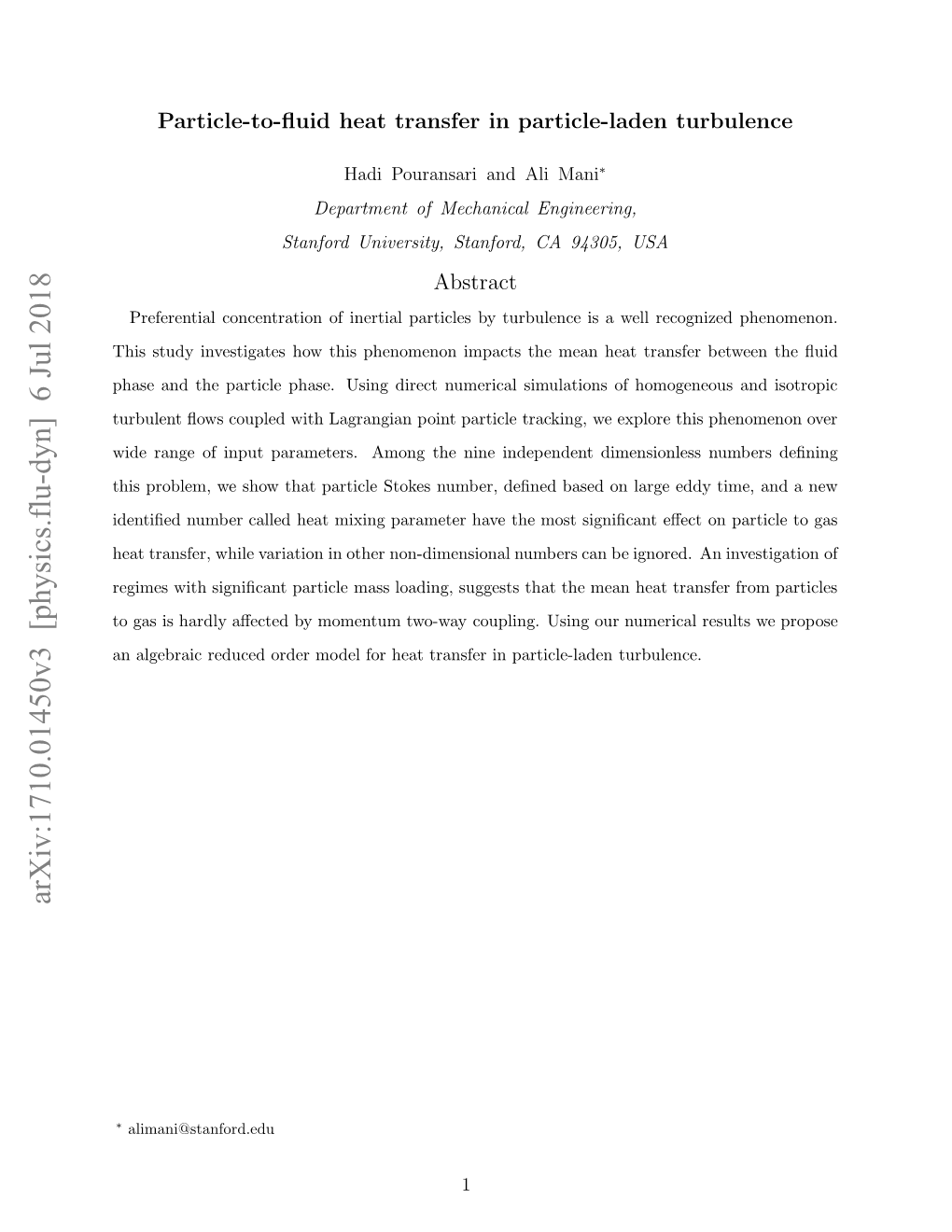 Arxiv:1710.01450V3 [Physics.Flu-Dyn] 6 Jul 2018 Nagbacrdcdodrmdlfrha Rnfri Partic in Transfer Heat for Model O Order Using Reduced Coupling