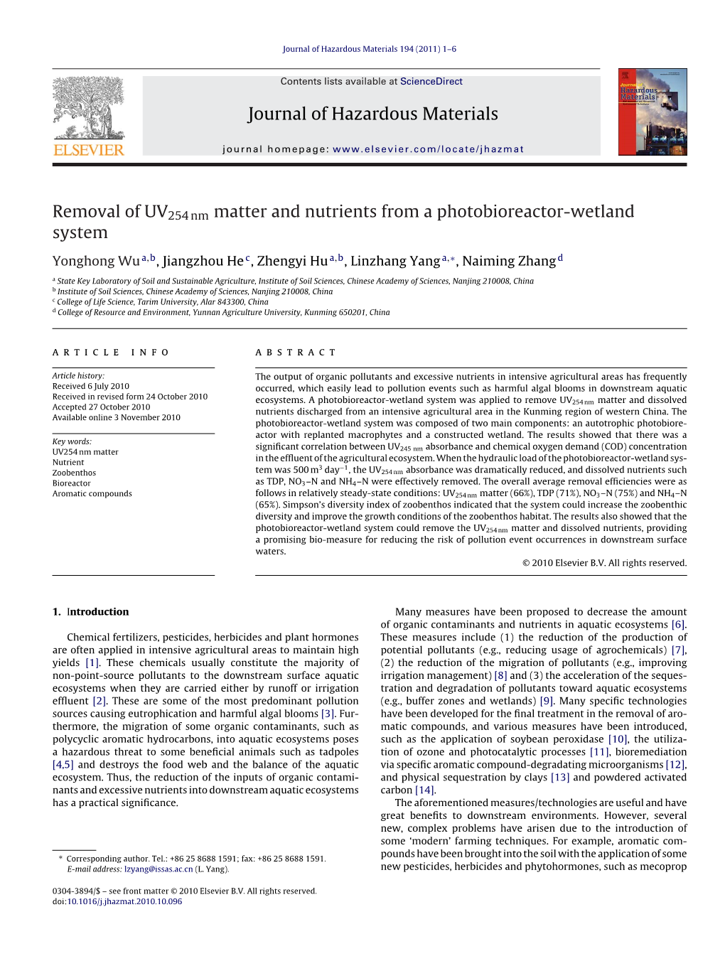 Removal of Uv254nm Matter and Nutrients from a Photobioreactor