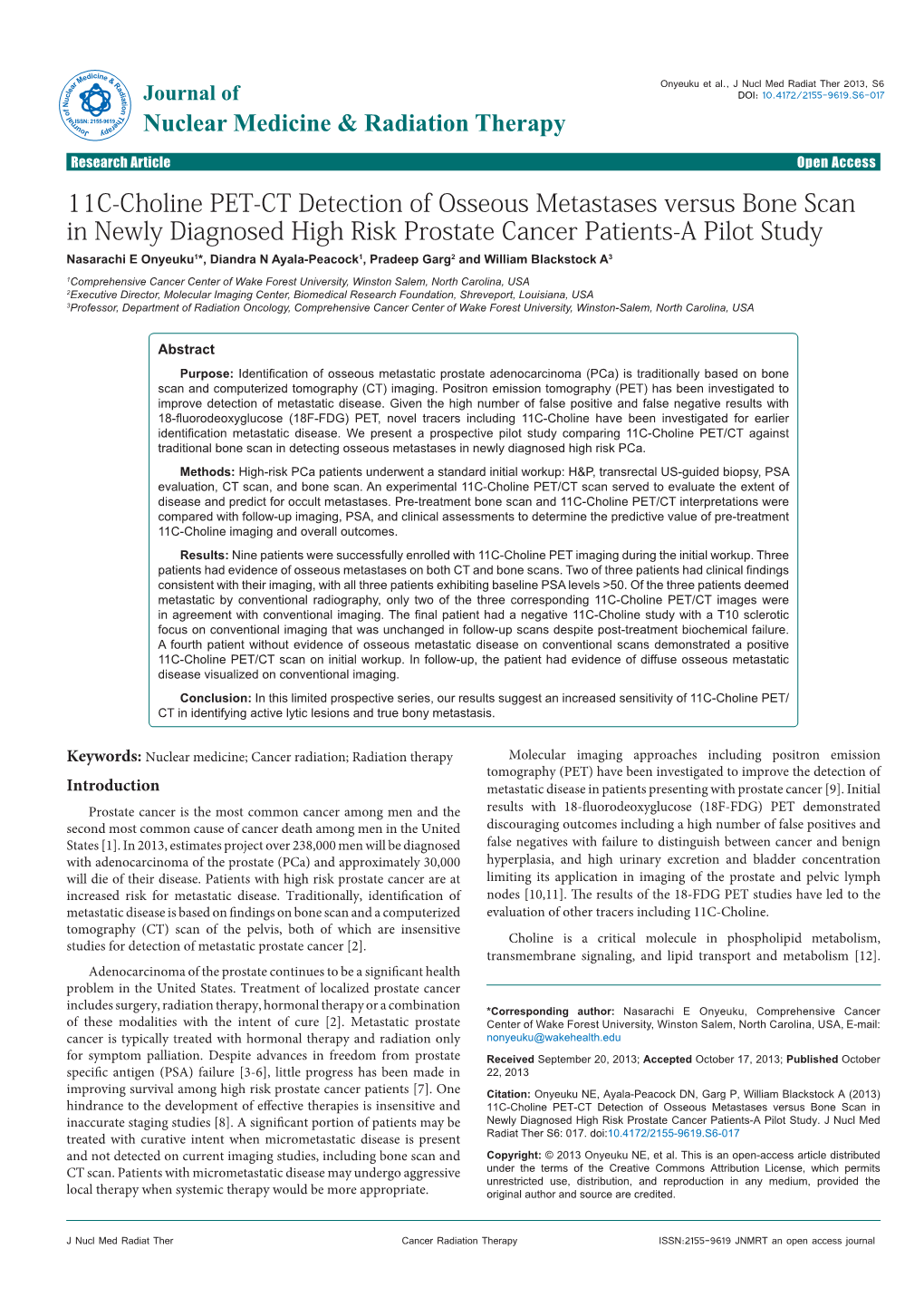 11C-Choline PET-CT Detection of Osseous Metastases Versus Bone