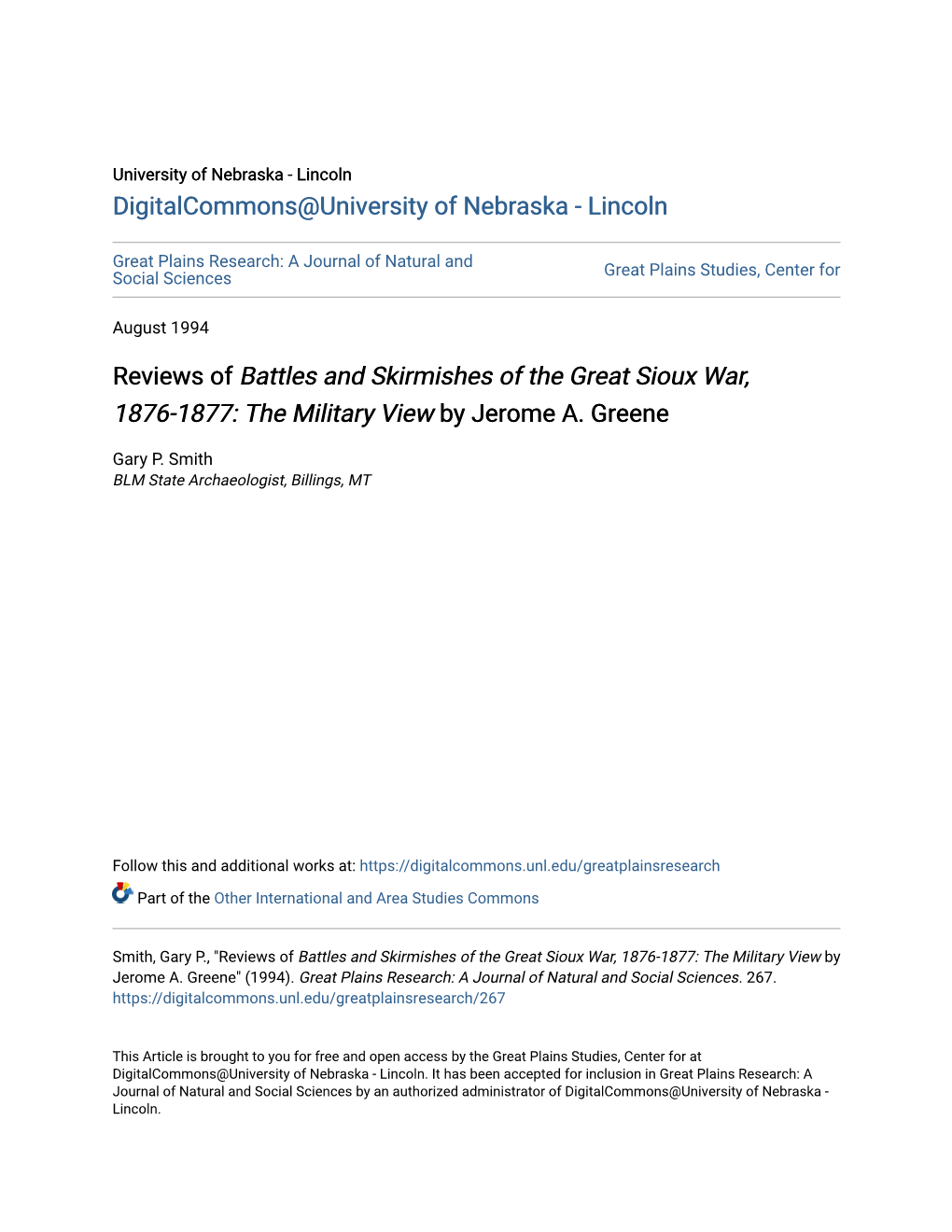 Reviews of Battles and Skirmishes of the Great Sioux War, 1876-1877: the Military View by Jerome A