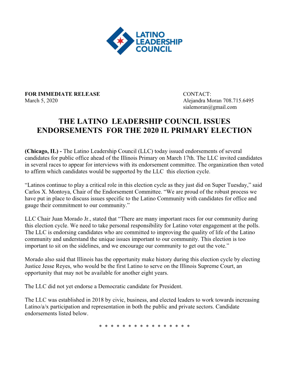 The Latino Leadership Council Issues Endorsements for the 2020 Il Primary Election