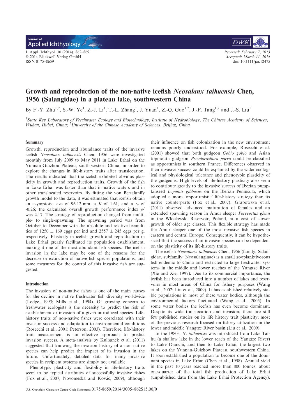 Growth and Reproduction of the Nonnative Icefish