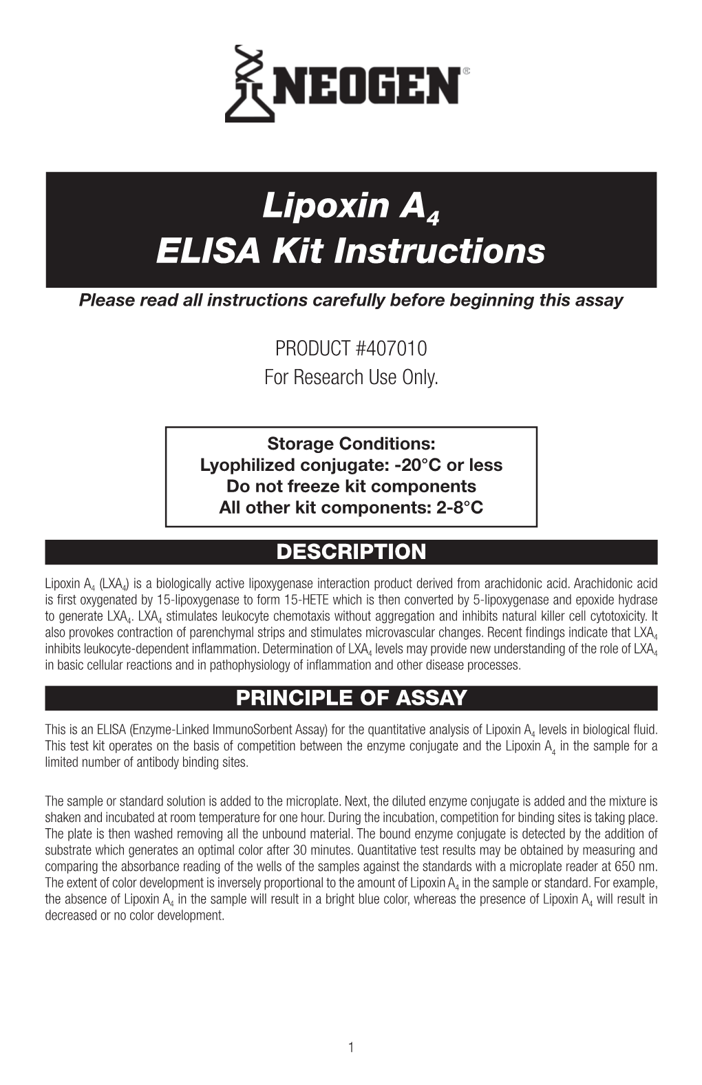 Lipoxin A4 ELISA Kit Instructions