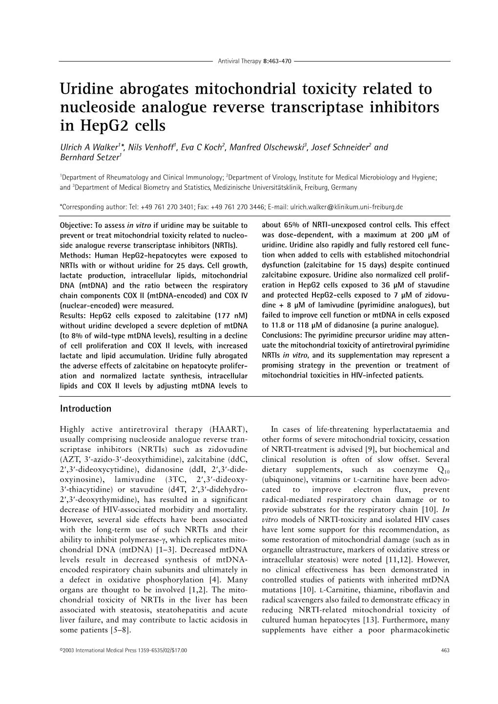 Uridine Abrogates Mitochondrial Toxicity Related to Nucleoside Analogue Reverse Transcriptase Inhibitors in Hepg2 Cells