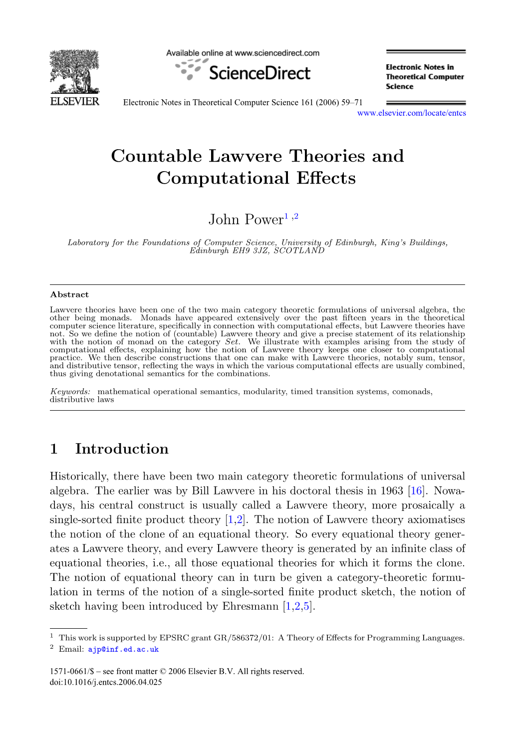 Countable Lawvere Theories and Computational Effects