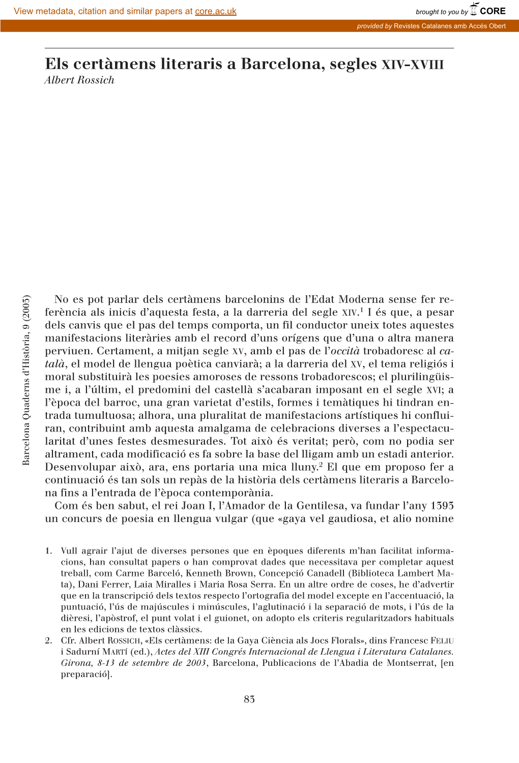 Els Certàmens Literaris a Barcelona, Segles XIV-XVIII Albert Rossich