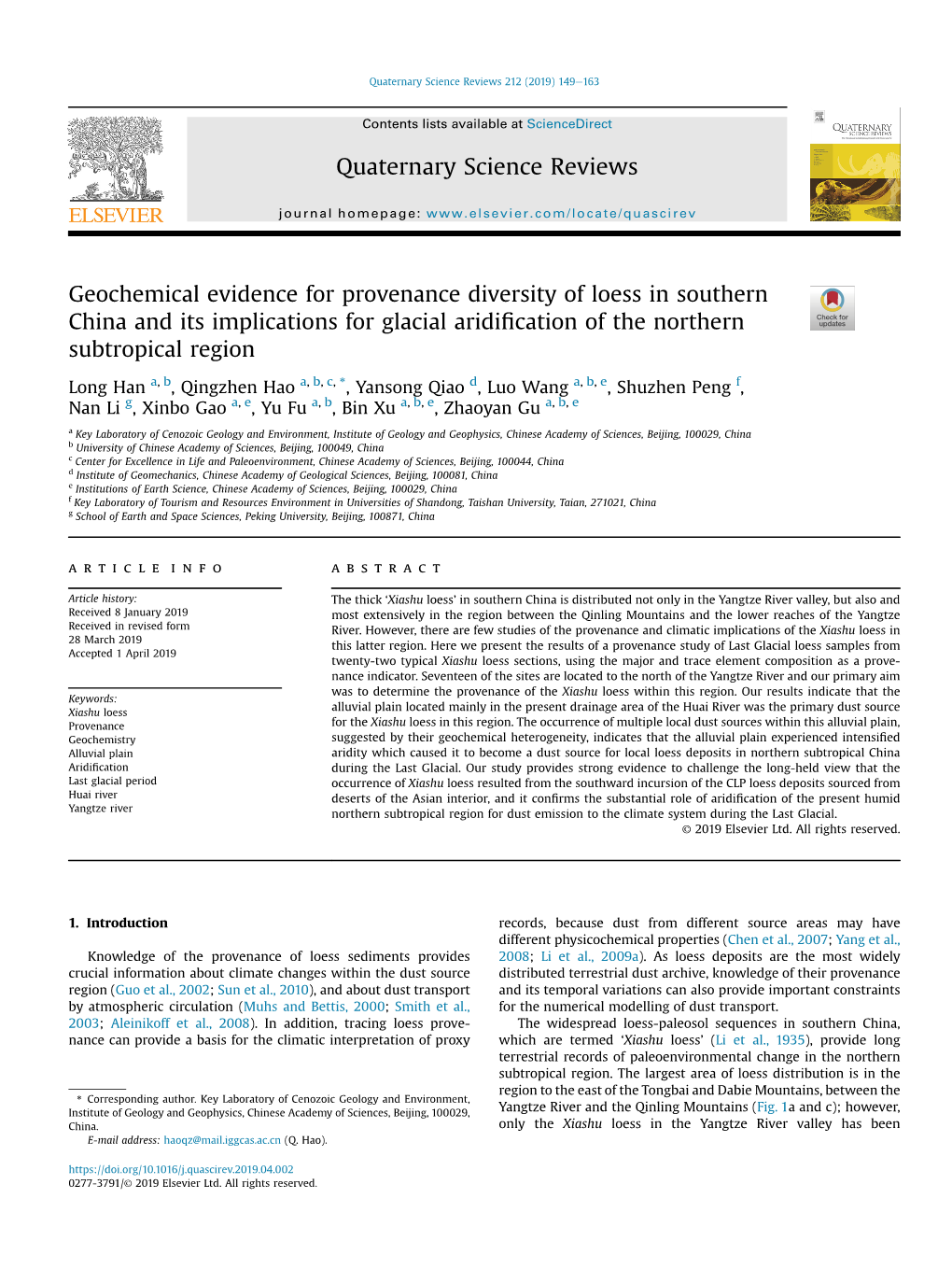 Geochemical Evidence for Provenance Diversity of Loess in Southern China and Its Implications for Glacial Aridiﬁcation of the Northern Subtropical Region