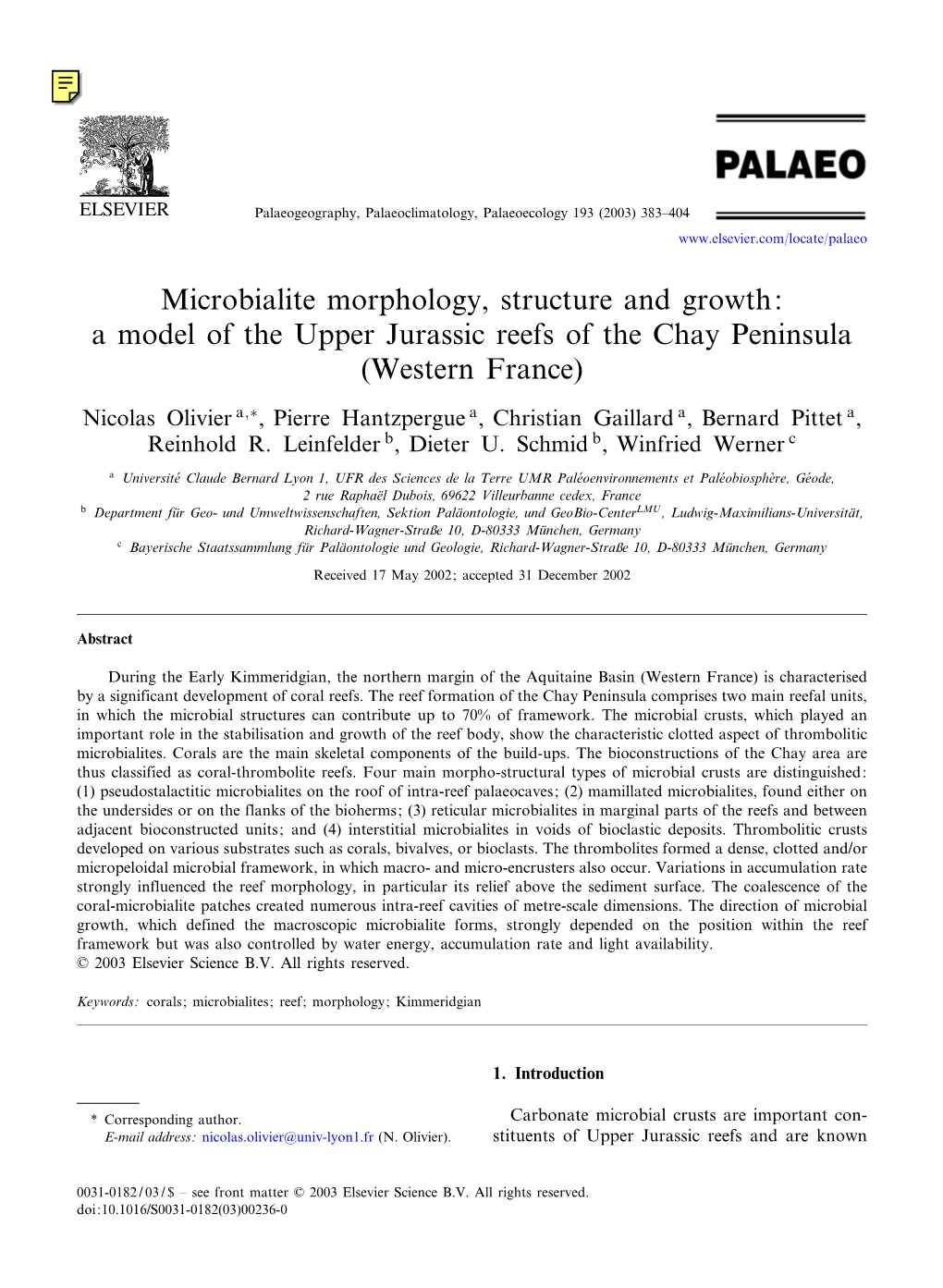 A Model of the Upper Jurassic Reefs of the Chay Peninsula (Western France)