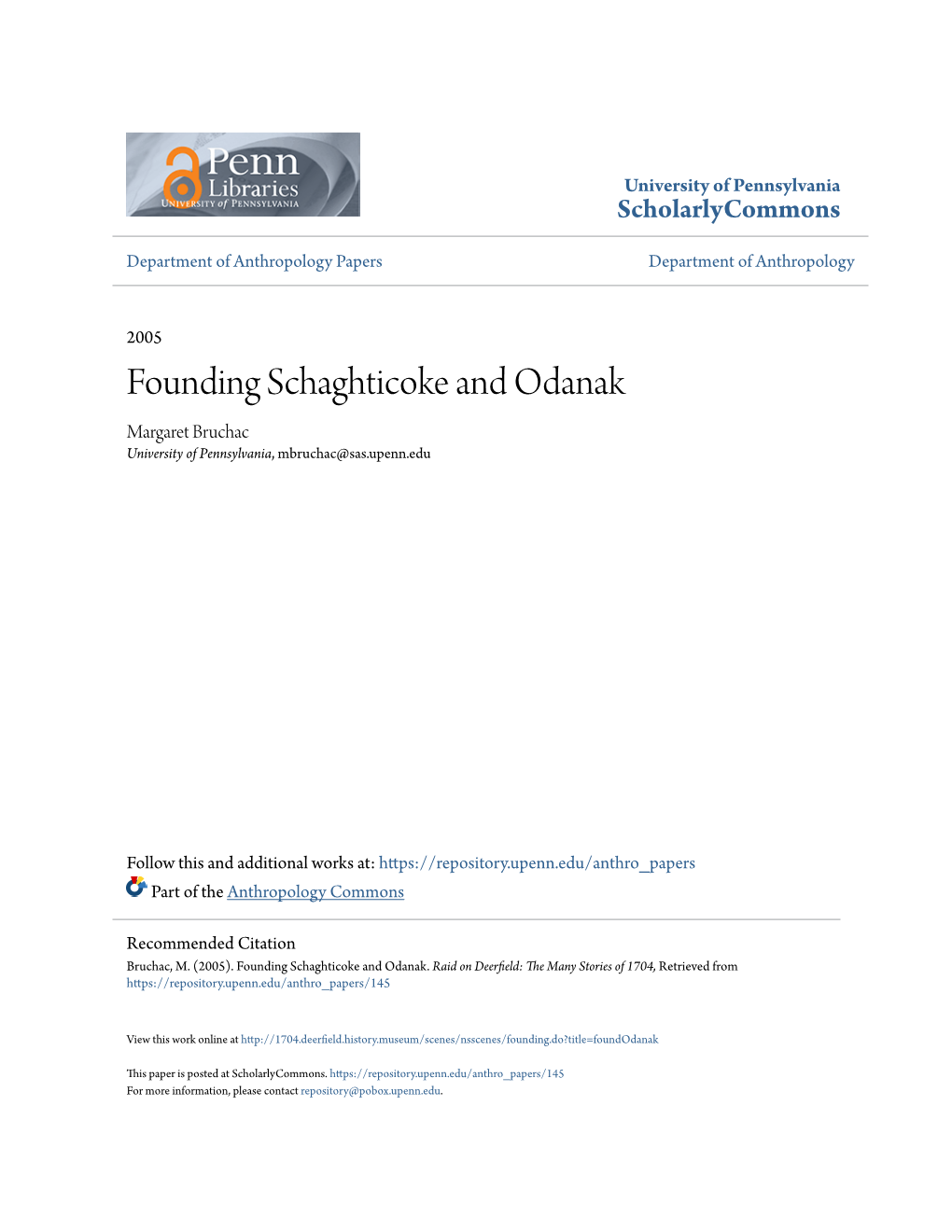 Founding Schaghticoke and Odanak Margaret Bruchac University of Pennsylvania, Mbruchac@Sas.Upenn.Edu