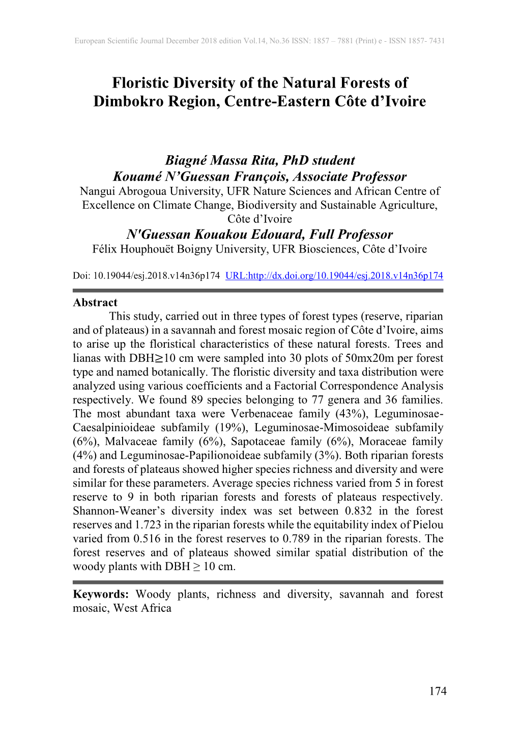 Floristic Diversity of the Natural Forests of Dimbokro Region, Centre-Eastern Côte D’Ivoire