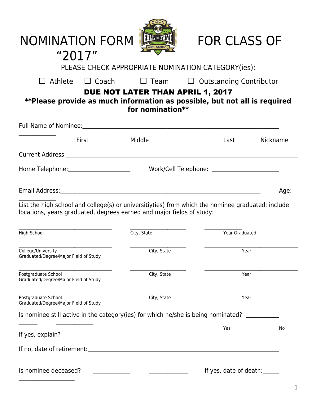 Nomination Form for Class of 2017