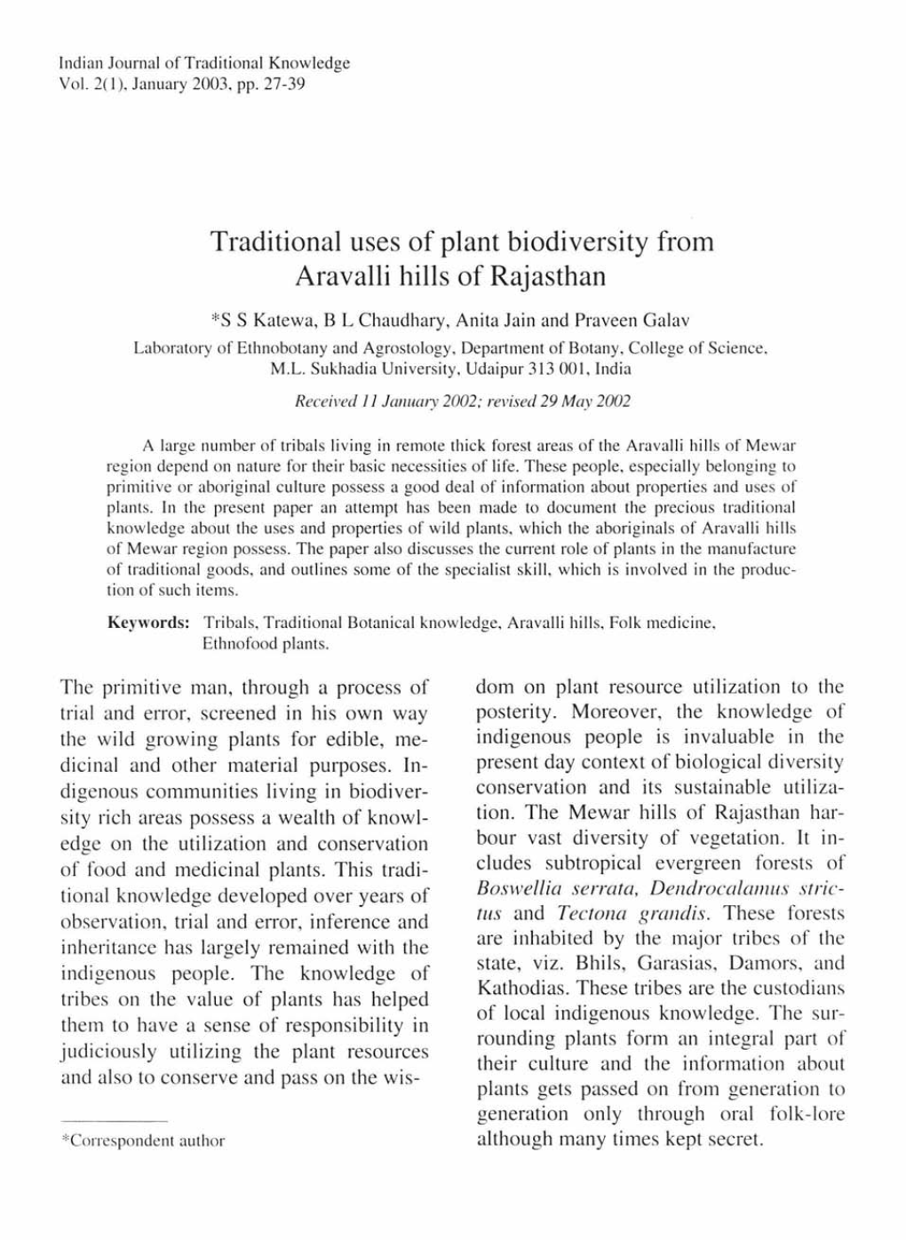 Traditional Uses of Plant Biodiversity from Aravalli Hills of Rajasthan