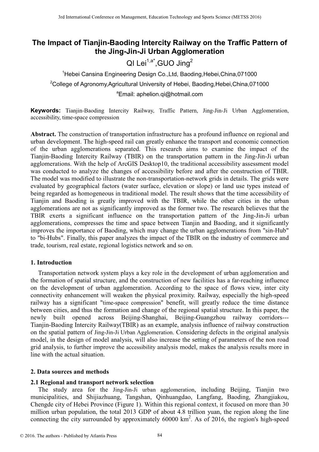 The Impact of Tianjin-Baoding Intercity Railway on the Traffic Pattern Of