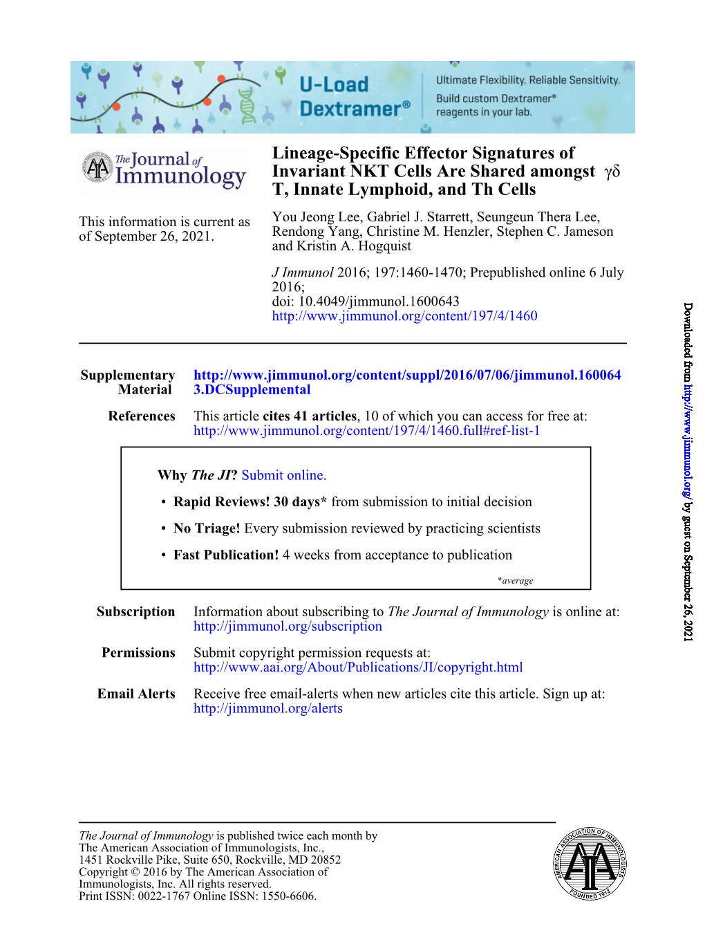 Lineage-Specific Effector Signatures of Invariant NKT Cells Are Shared Amongst Δγ T, Innate Lymphoid, and Th Cells