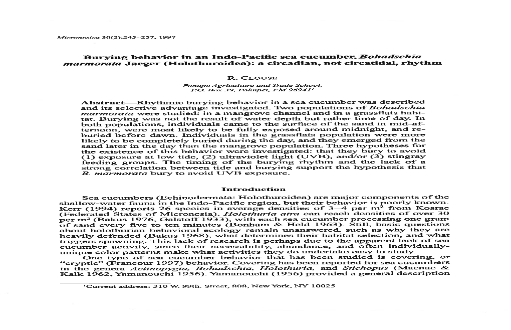 Burying Behavior in an Lndo-Pacific Sea Cucumber, Bohadschia