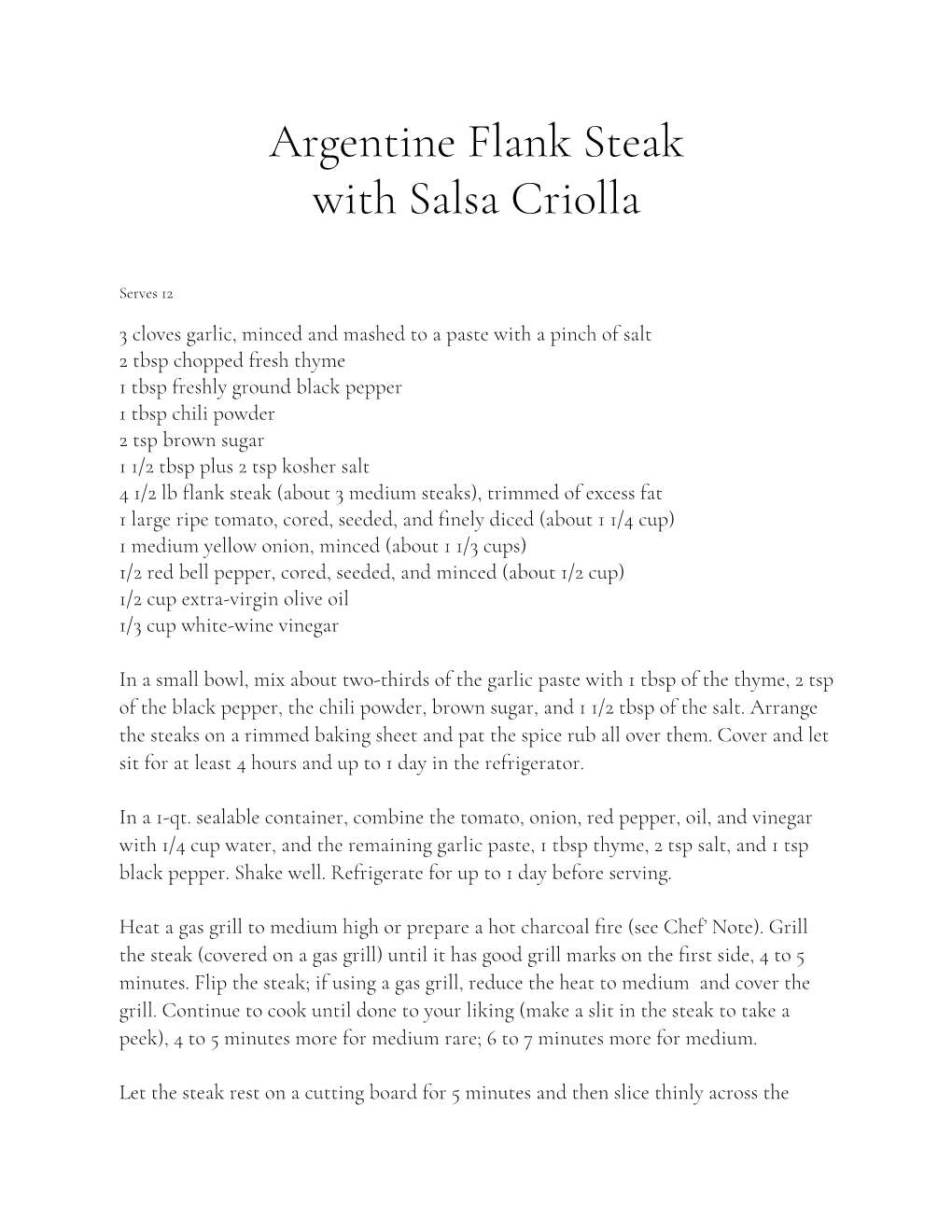 Argentine Flank Steak with Salsa Criolla