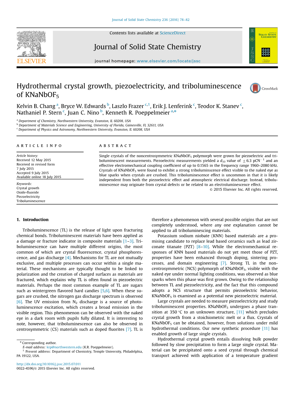 Hydrothermal Crystal Growth, Piezoelectricity, and Triboluminescence of Knanbof5 Kelvin B