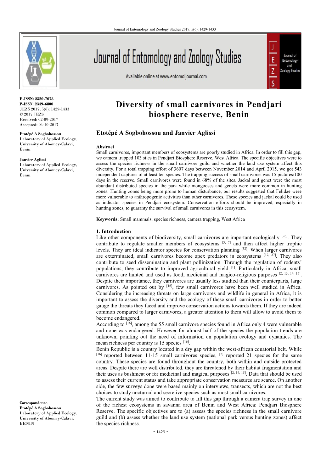 Diversity of Small Carnivores in Pendjari Biosphere Reserve, Benin