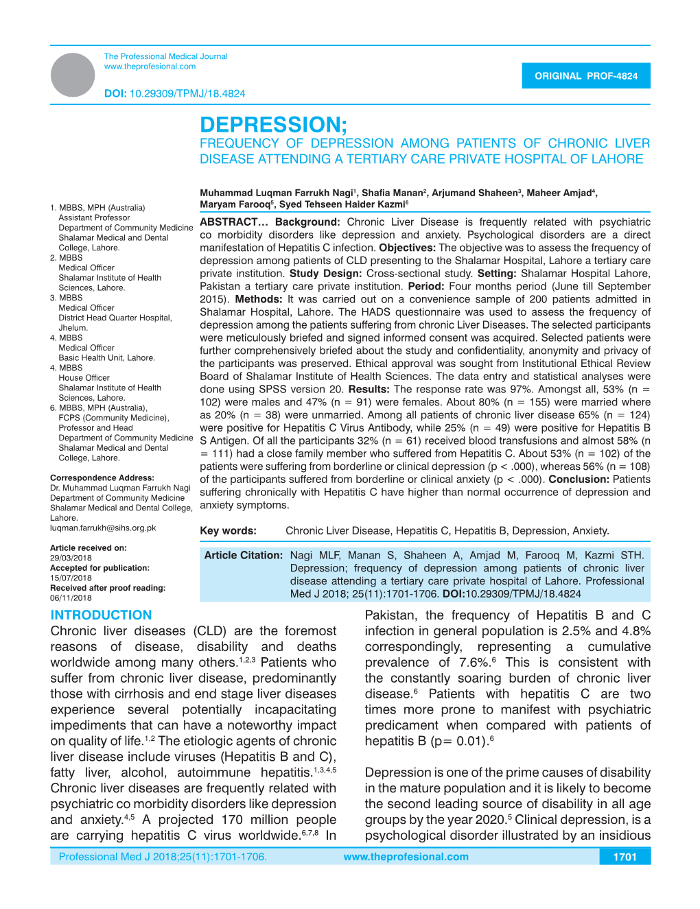 Depression; Frequency of Depression Among Patients of Chronic Liver Disease Attending a Tertiary Care Private Hospital of Lahore