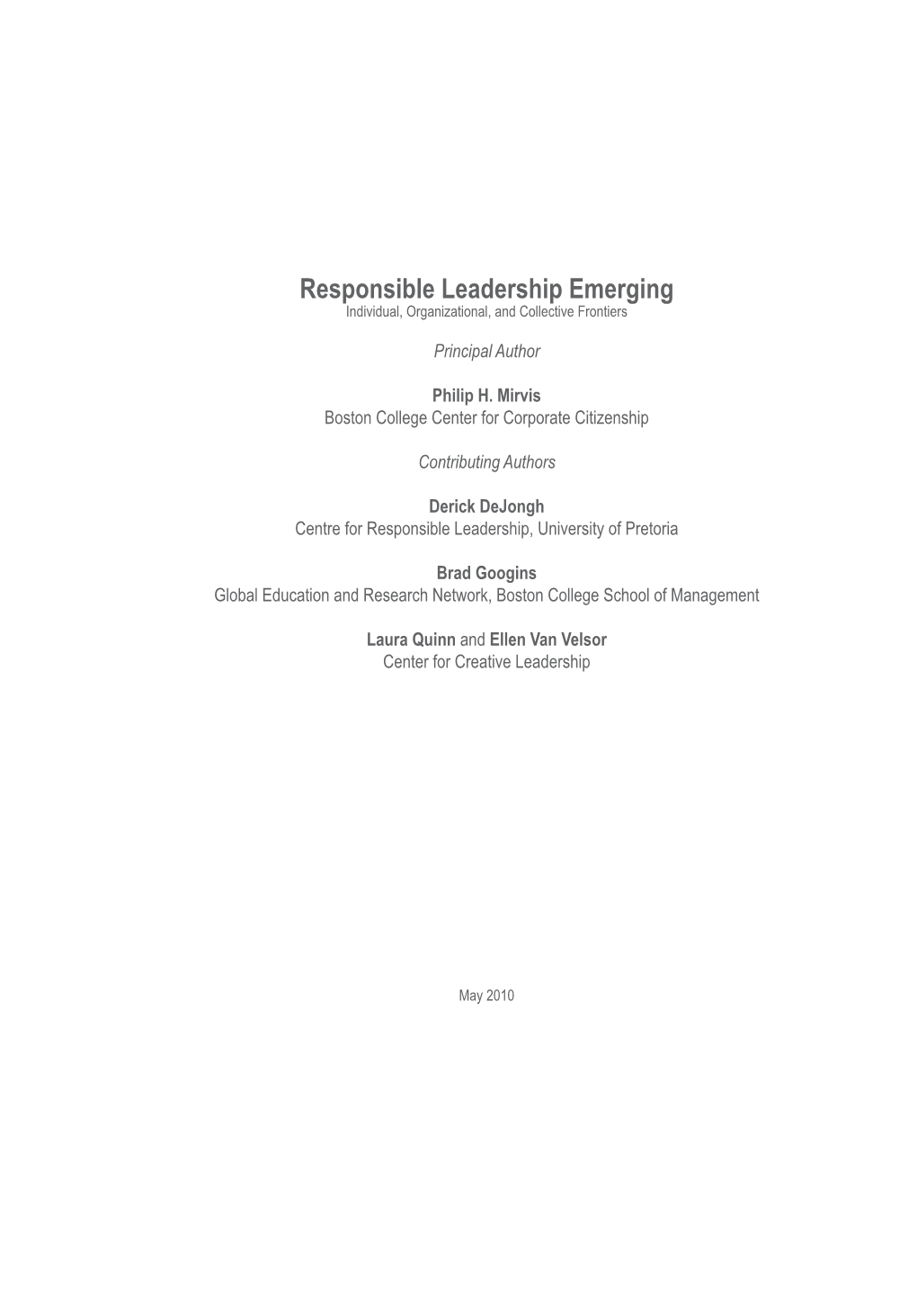 Responsible Leadership Emerging Individual, Organizational, and Collective Frontiers