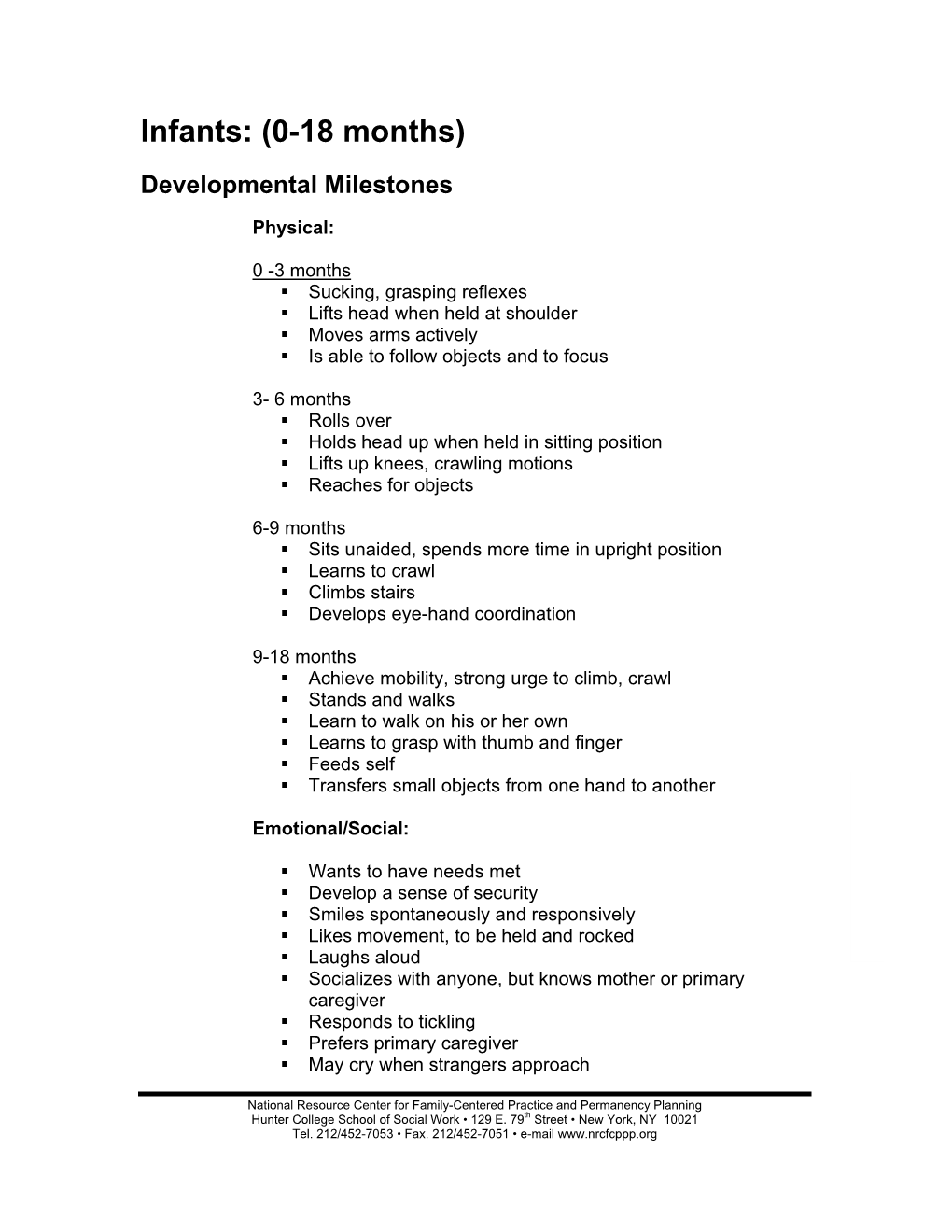 Infants: (0-18 Months) Developmental Milestones