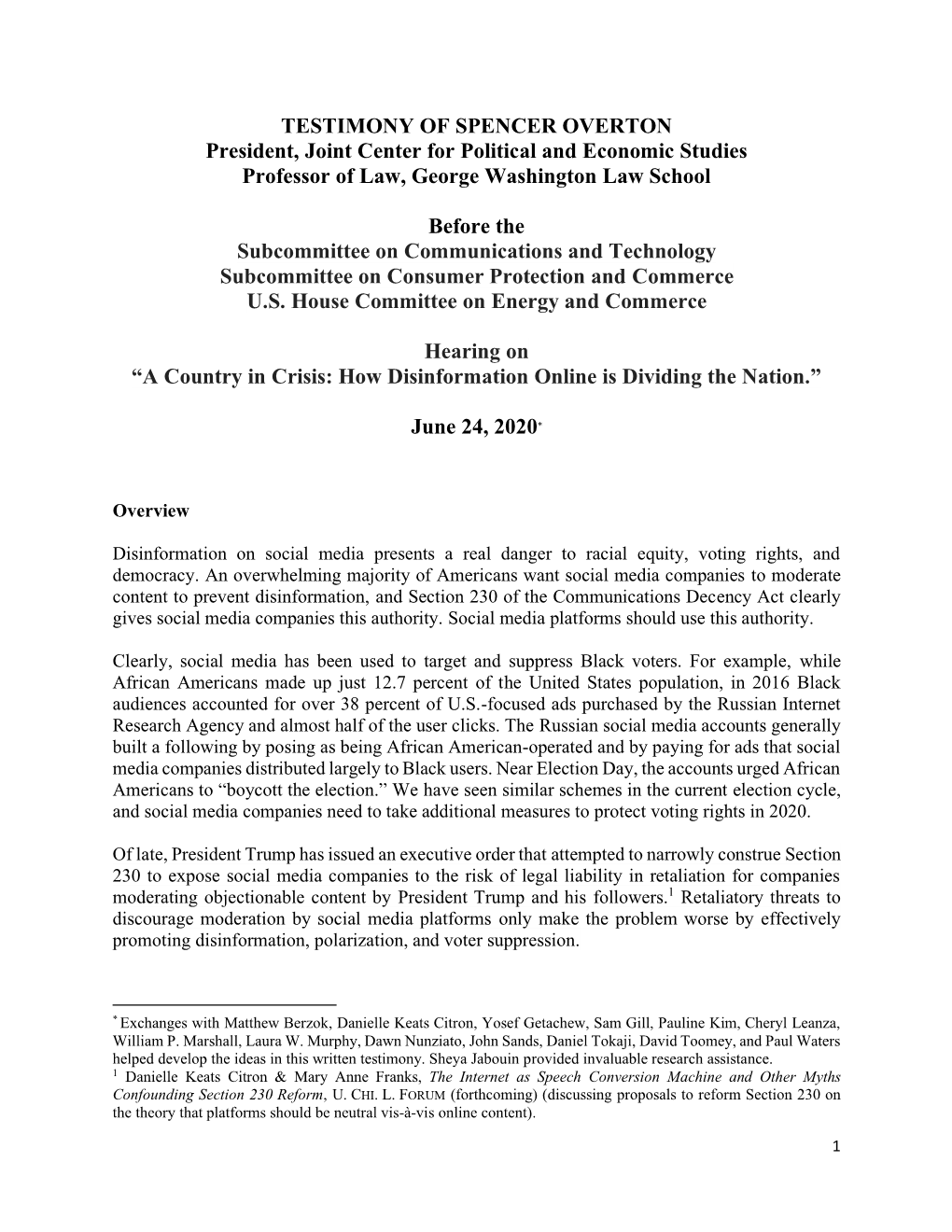 TESTIMONY of SPENCER OVERTON President, Joint Center for Political and Economic Studies Professor of Law, George Washington Law School