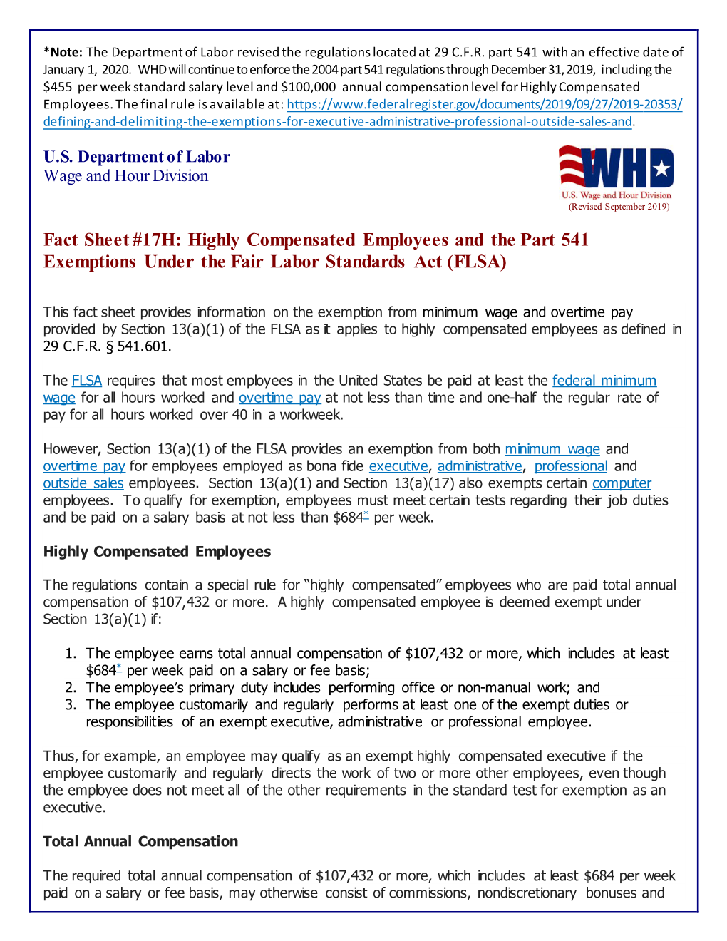 Highly Compensated Employees and the Part 541 Exemptions Under the Fair Labor Standards Act (FLSA)