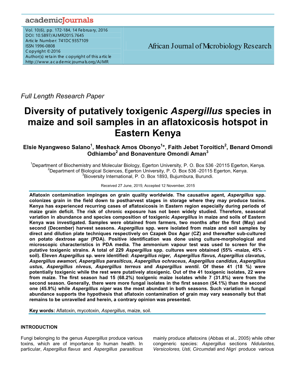 Diversity of Putatively Toxigenic Aspergillus Species in Maize and Soil Samples in an Aflatoxicosis Hotspot in Eastern Kenya