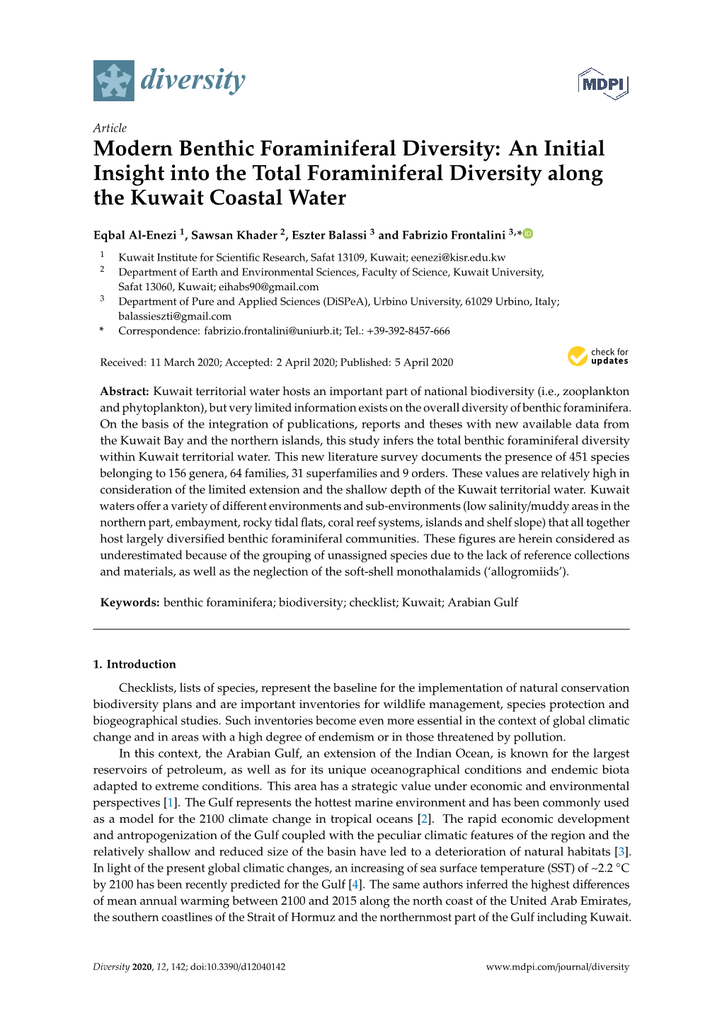 Modern Benthic Foraminiferal Diversity: an Initial Insight Into the Total Foraminiferal Diversity Along the Kuwait Coastal Water