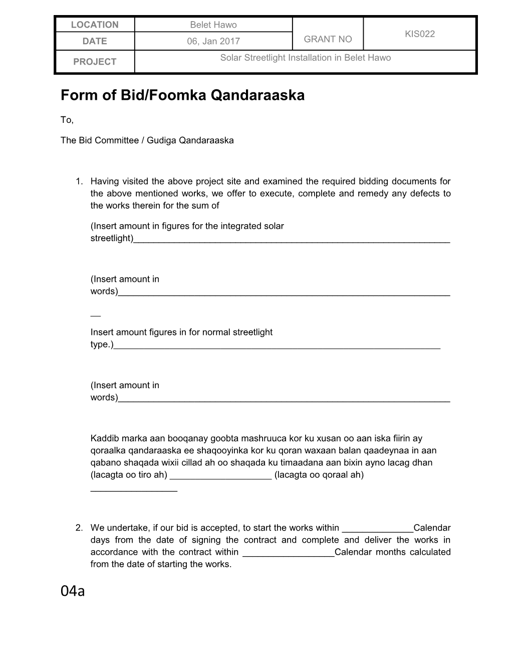 Form of Bid/Foomka Qandaraaska