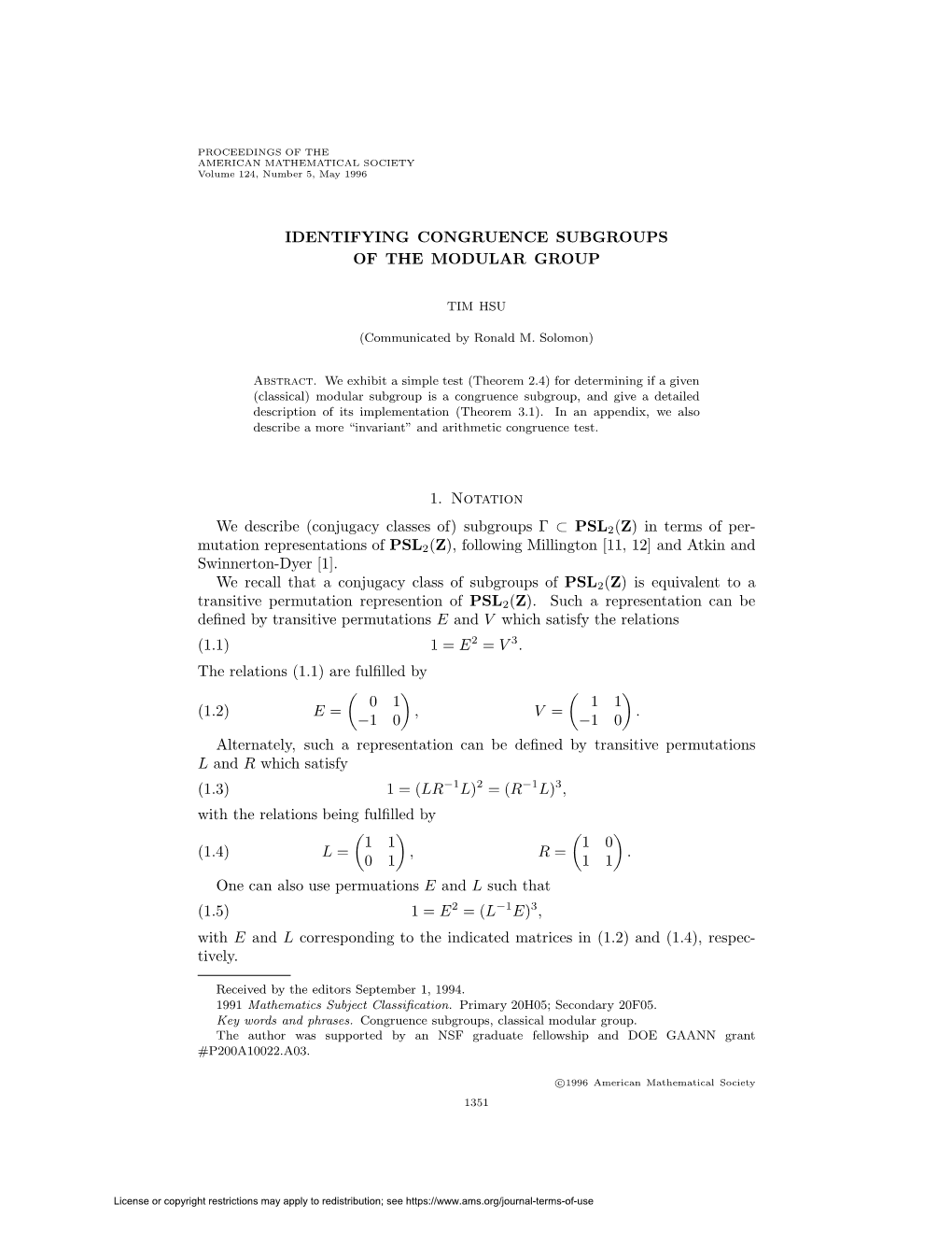 IDENTIFYING CONGRUENCE SUBGROUPS of the MODULAR GROUP 1. Notation We Describe