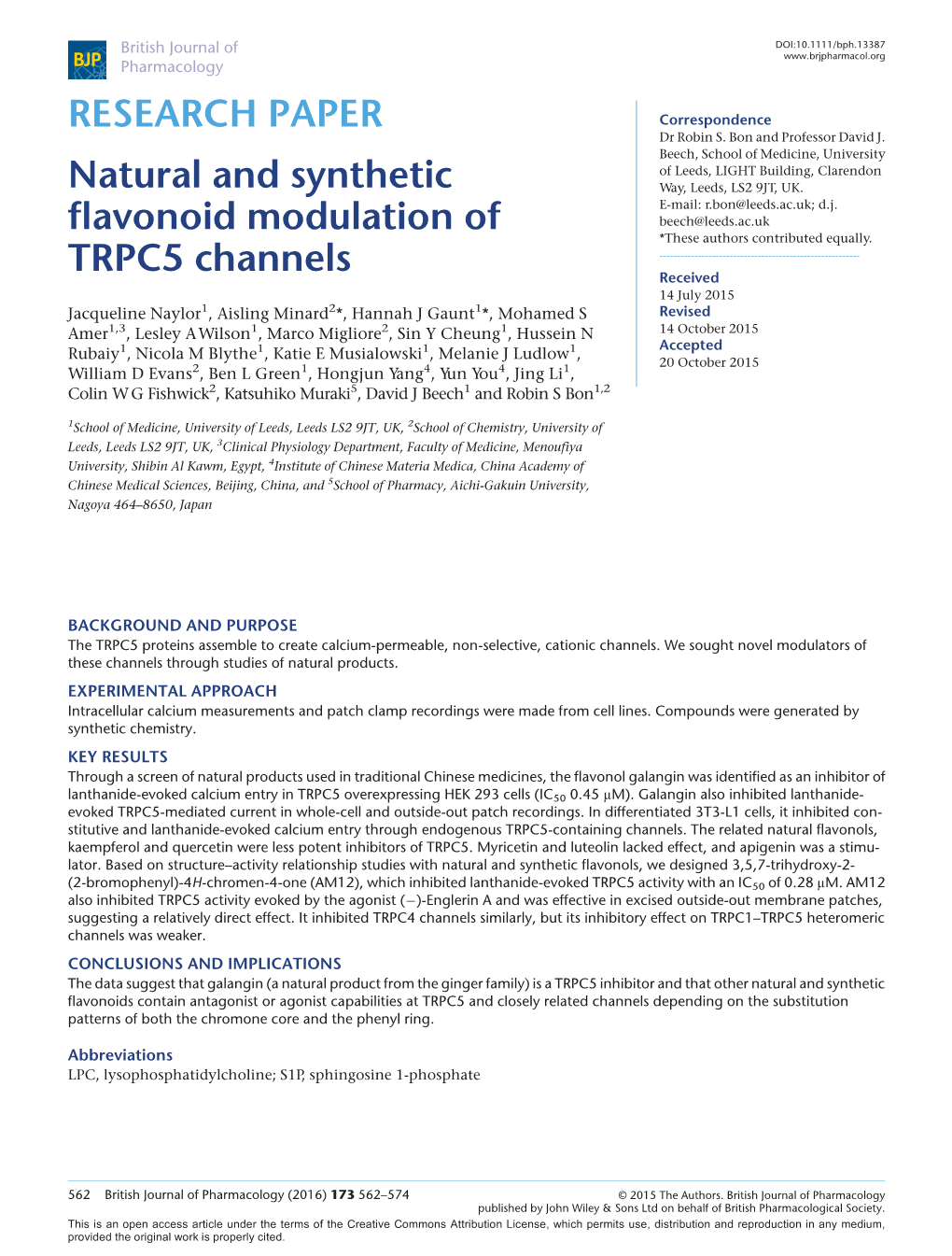 Natural and Synthetic Flavonoid Modulation of TRPC5 Channels