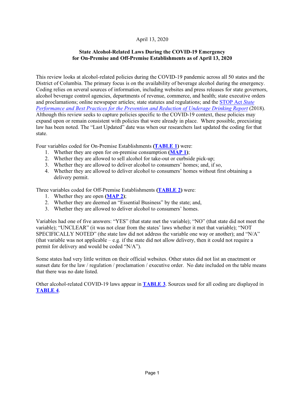 State Alcohol-Related Laws During the COVID-19 Emergency for On-Premise and Off-Premise Establishments As of April 13, 2020