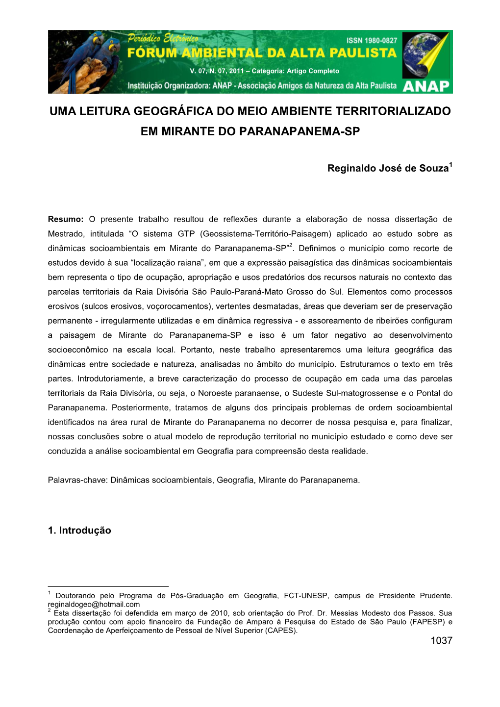 Uma Leitura Geográfica Do Meio Ambiente Territorializado Em Mirante Do Paranapanema-Sp