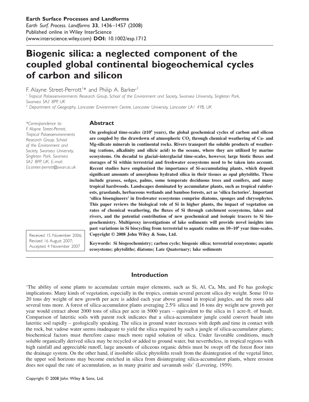 Biogenic Silica: a Neglected Component of the Coupled Global Continental Biogeochemical Cycles of Carbon and Silicon