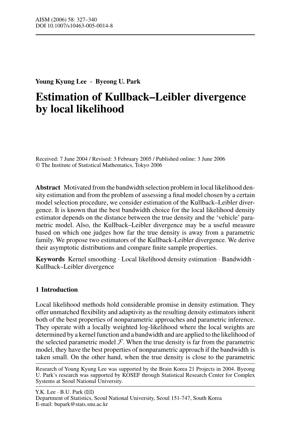 Estimation of Kullback–Leibler Divergence by Local Likelihood