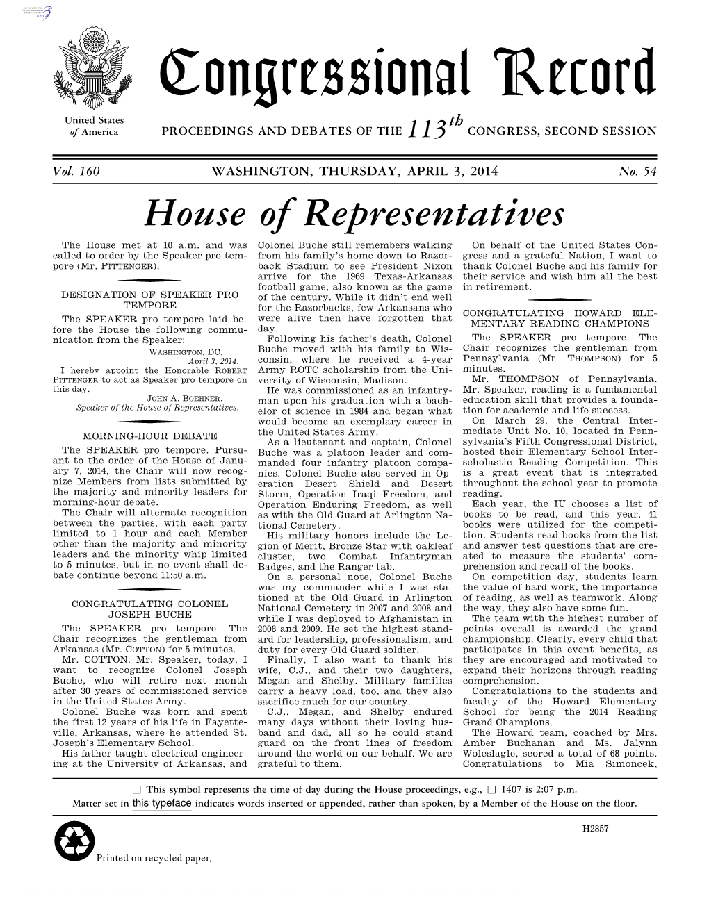 Congressional Record United States Th of America PROCEEDINGS and DEBATES of the 113 CONGRESS, SECOND SESSION