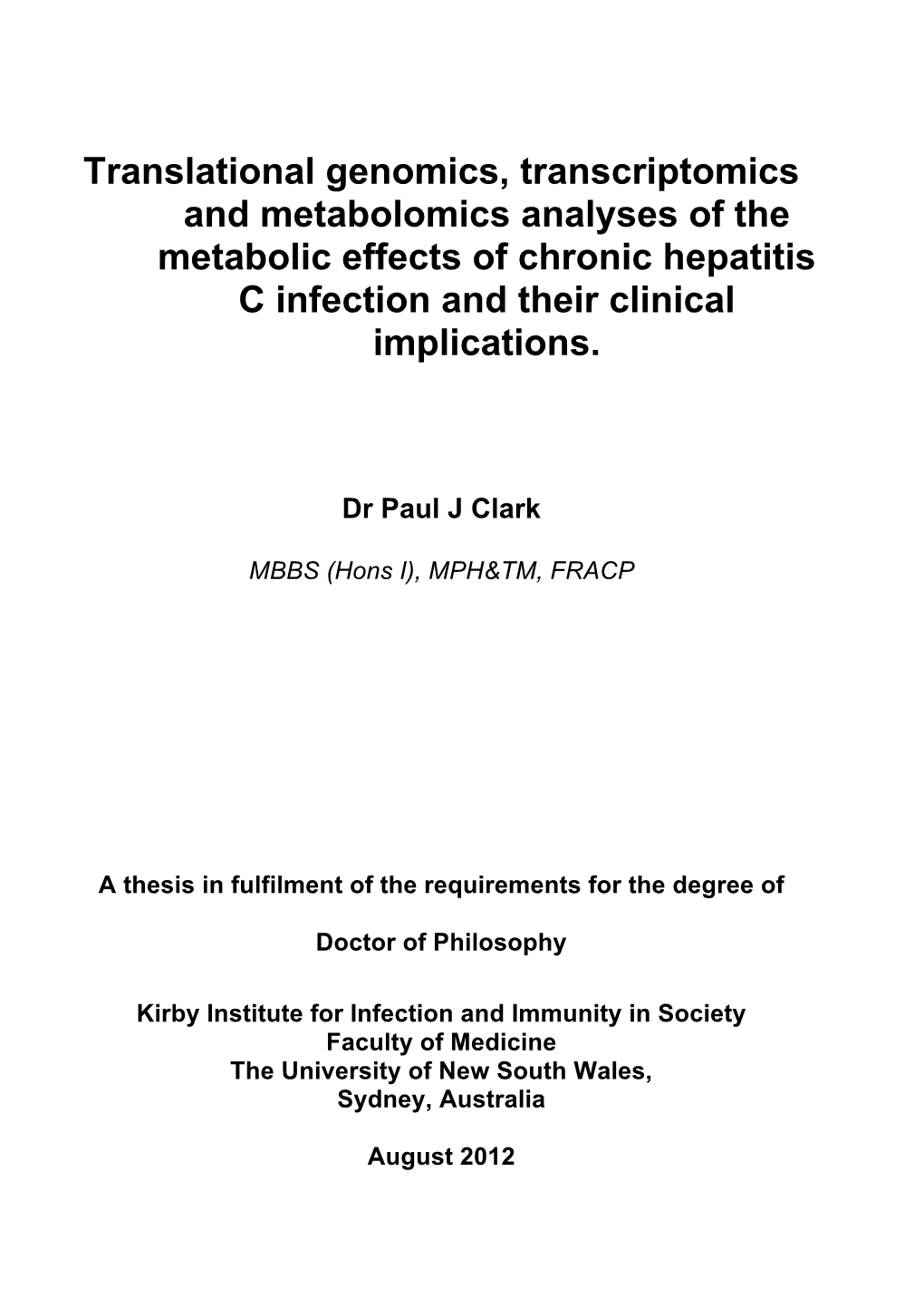 Translational Genomics, Transcriptomics and Metabolomics Analyses of the Metabolic Effects of Chronic Hepatitis C Infection and Their Clinical Implications