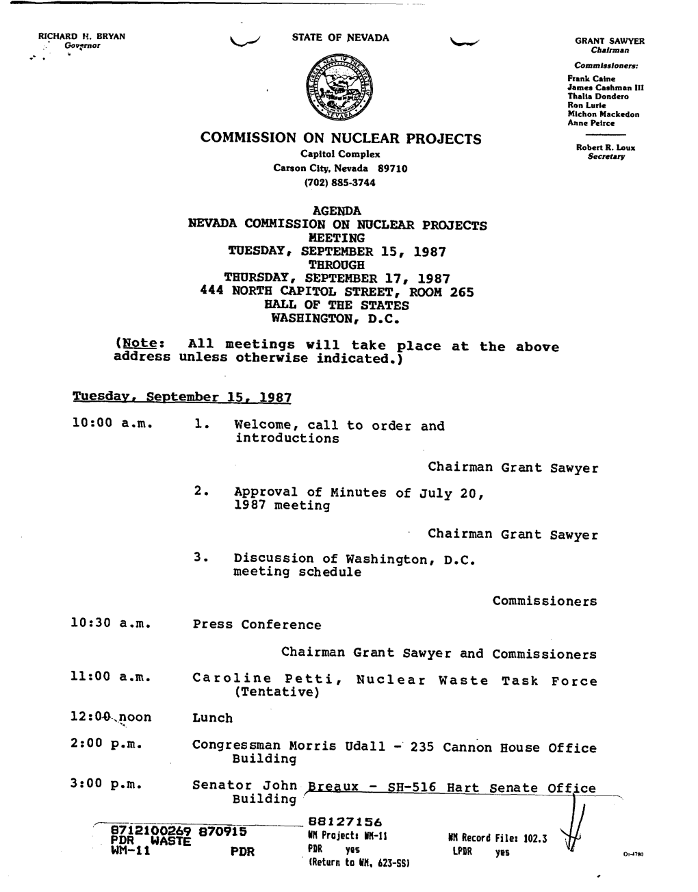 Agenda Nevada Commission on Nuclear Projects Meeting