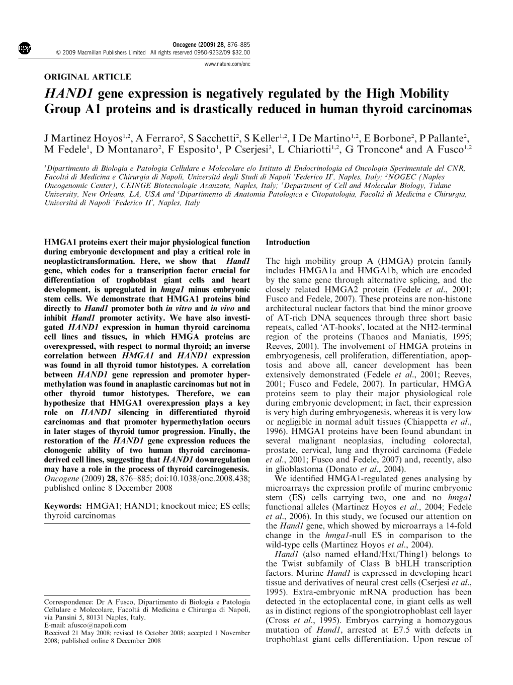 HAND1 Gene Expression Is Negatively Regulated by the High Mobility Group A1 Proteins and Is Drastically Reduced in Human Thyroid Carcinomas