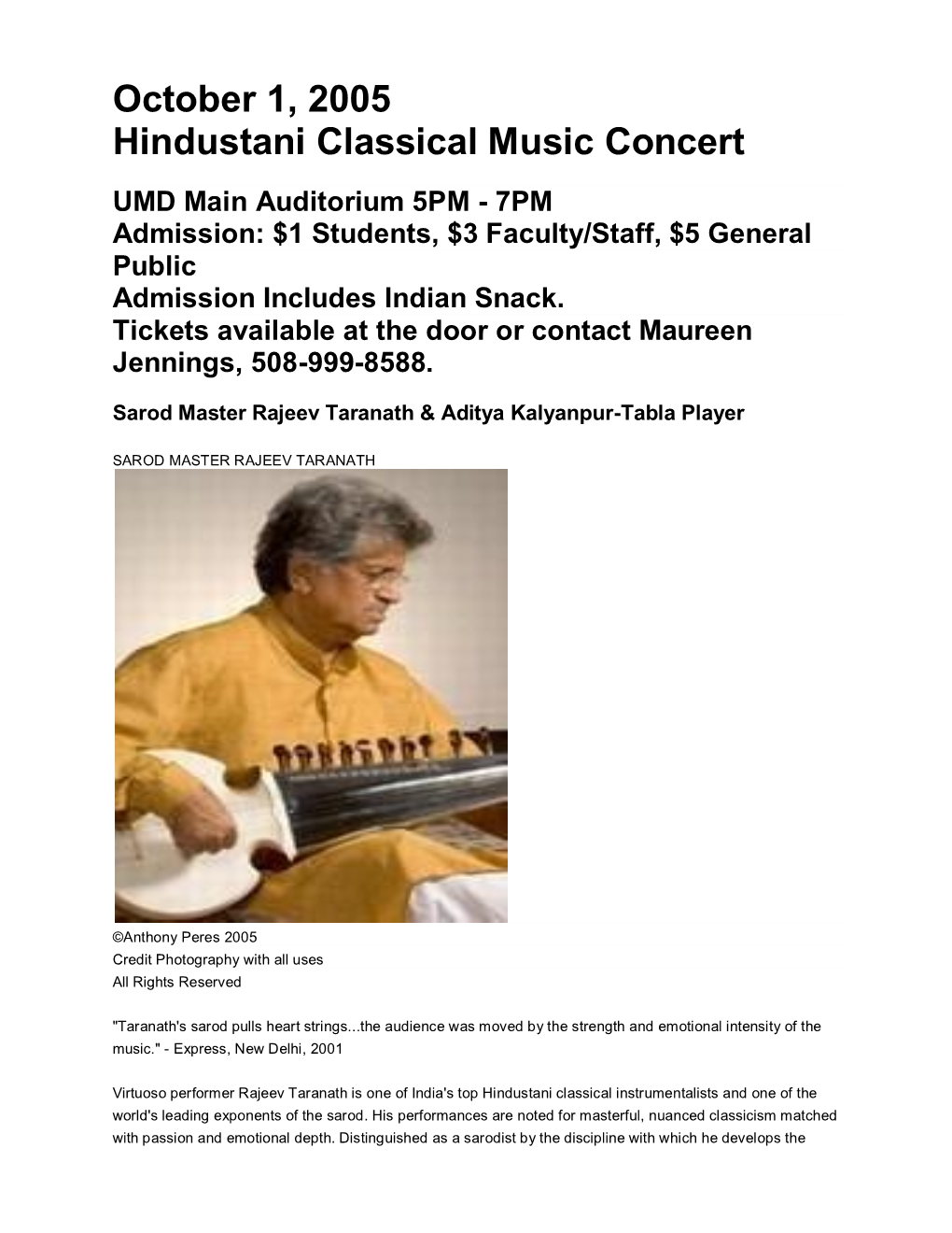 October 1, 2005 Hindustani Classical Music Concert