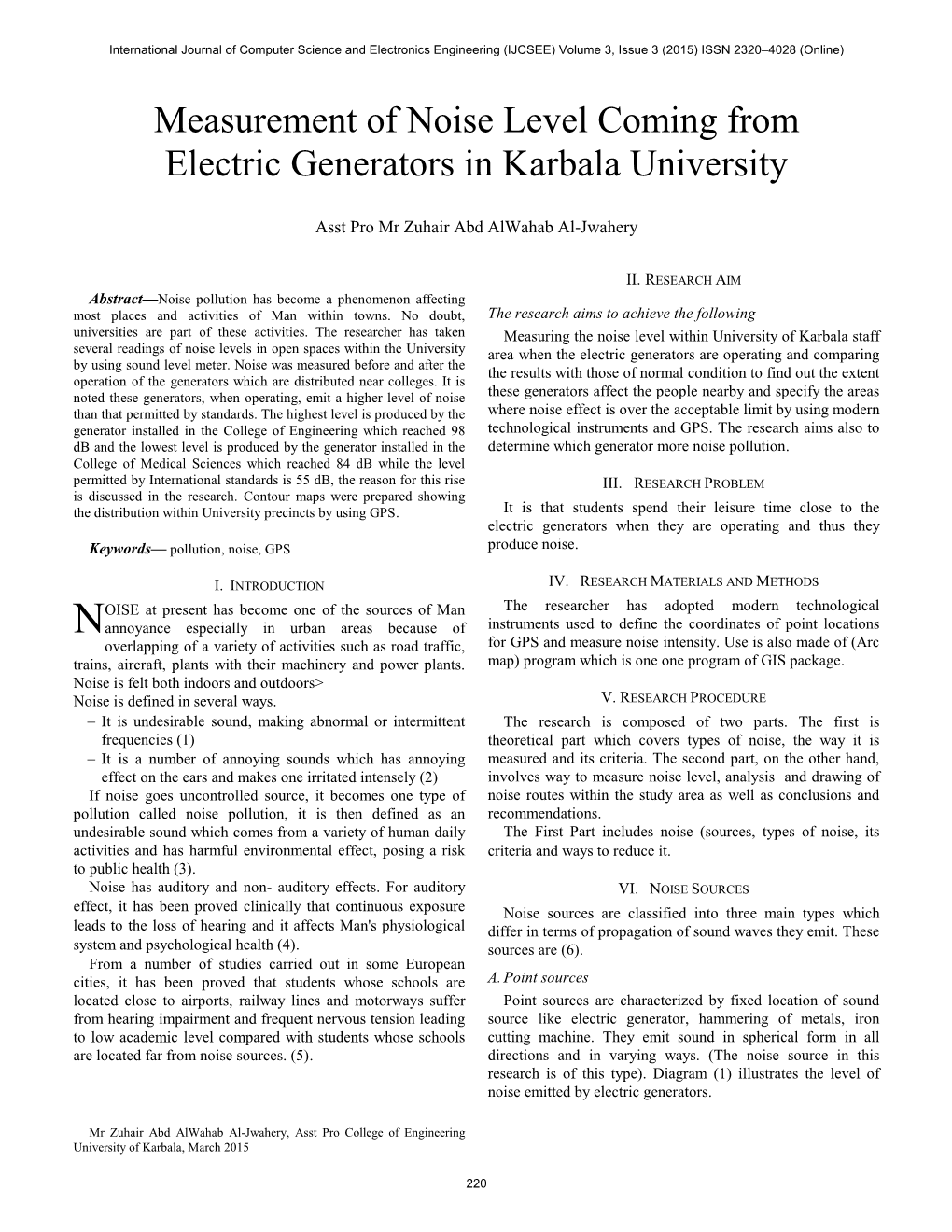 Measurement of Noise Level Coming from Electric Generators in Karbala University