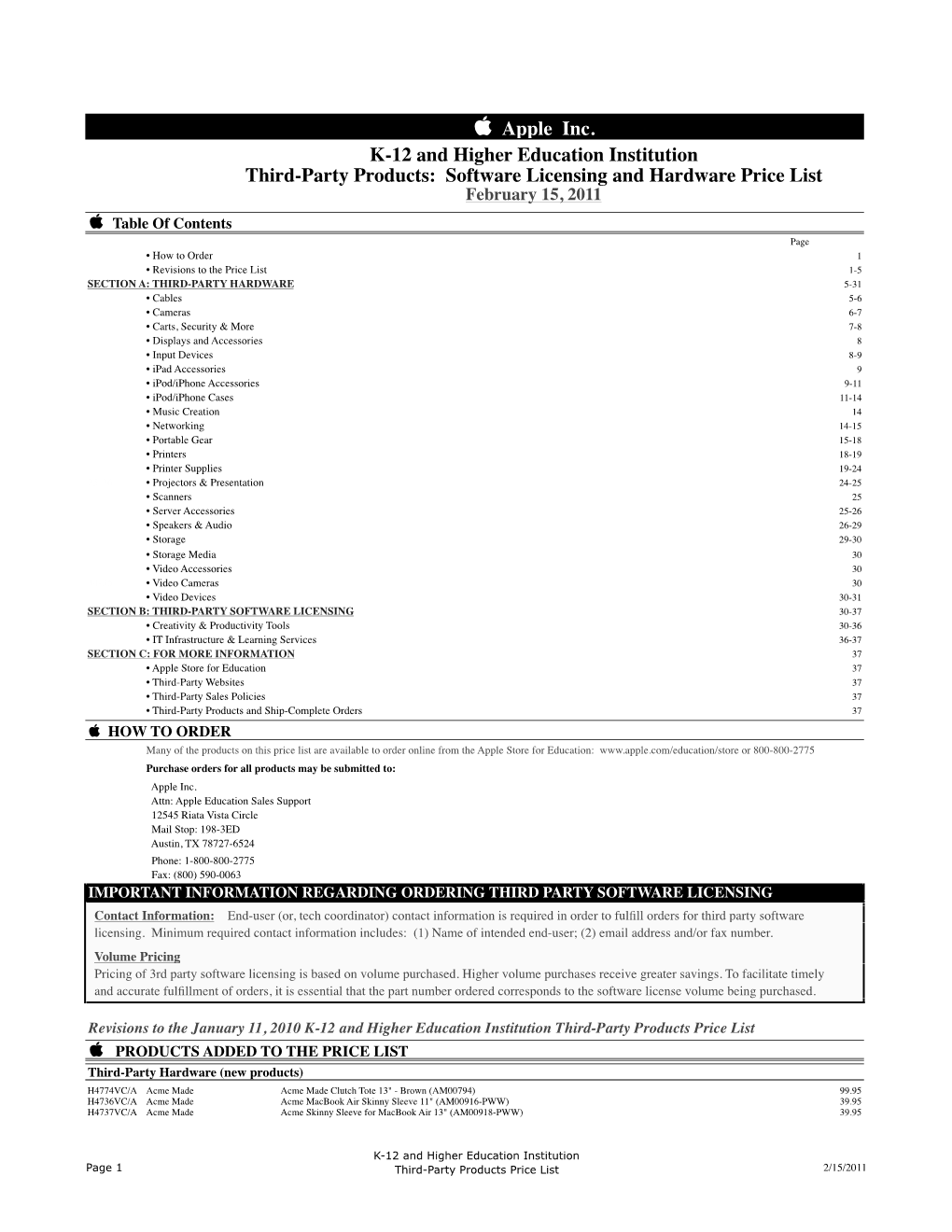 Apple Inc. K-12 and Higher Education Institution Third-Party Products: Software Licensing and Hardware Price List